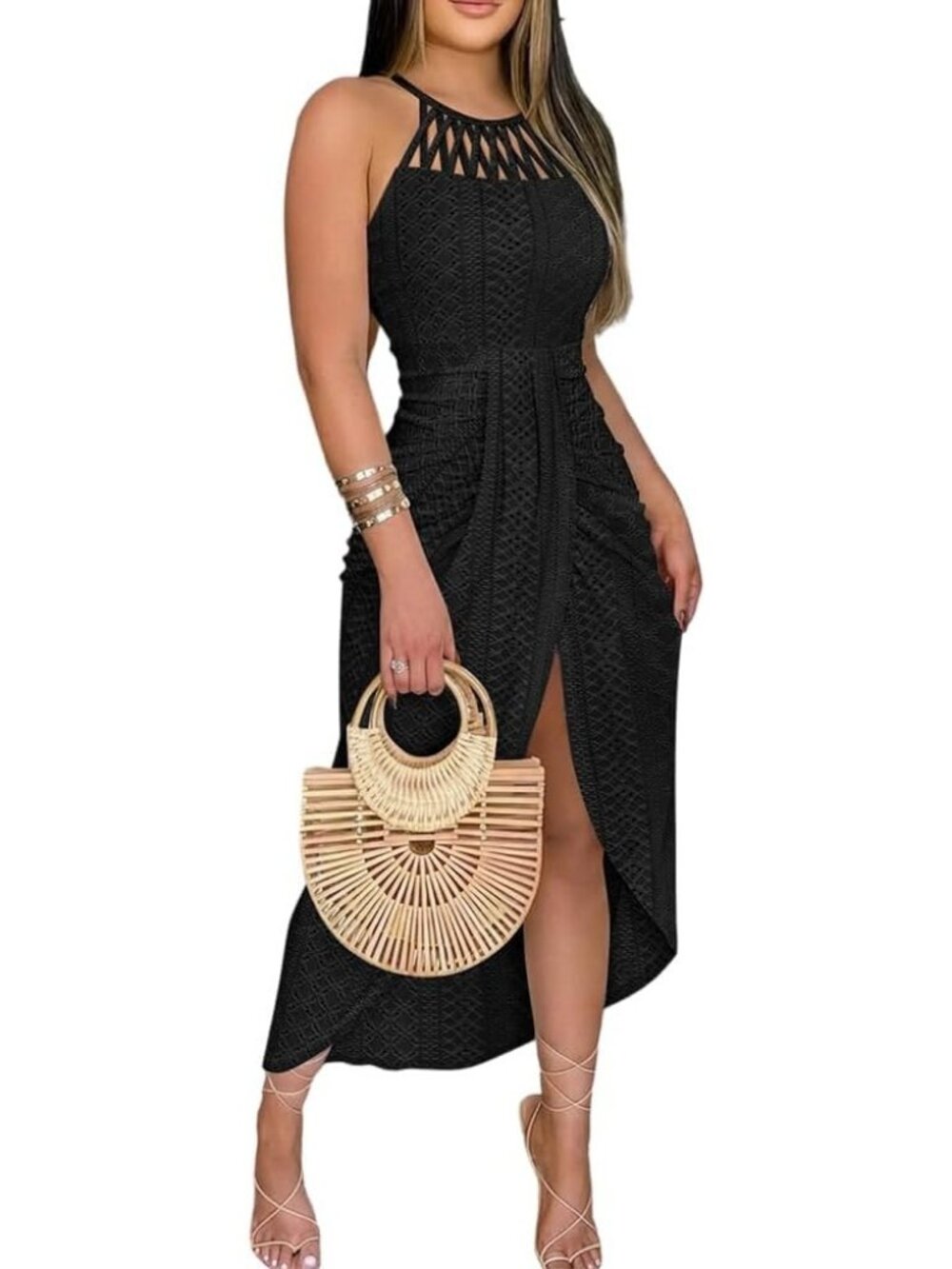 Women's Black Summer Eyelet Embroidery Comfortable Halter Ruched Bodycon Dresses